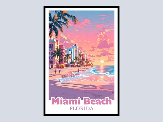 Miami Beach Florida Pink Sunset Ocean Art Deco Travel Poster