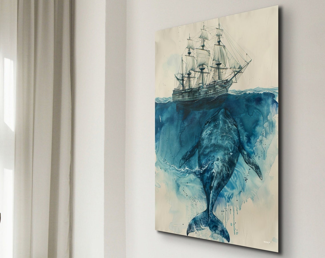 Whale Swimming Under Tall Ship Deep Blue Ocean Watercolor Poster