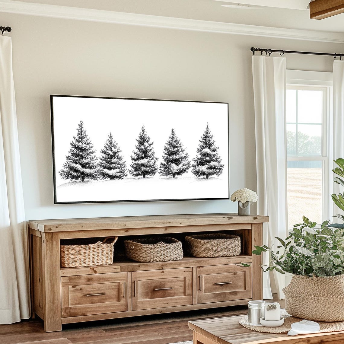 Snowy Evergreen Trees Minimalist Black White Winter Forest Poster - Image 2