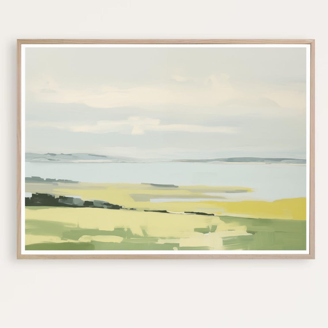Abstract Lakeside Watercolor Neutral Green Grey Calm Scene Poster