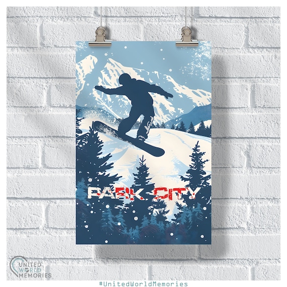Park City Utah Snowboarder Jump Powder Blue Winter Sports Poster