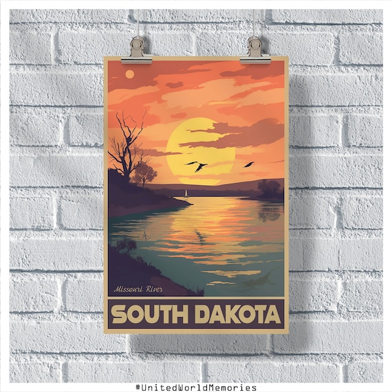 South Dakota Missouri River Sunset Sailboat Retro Travel Poster Art