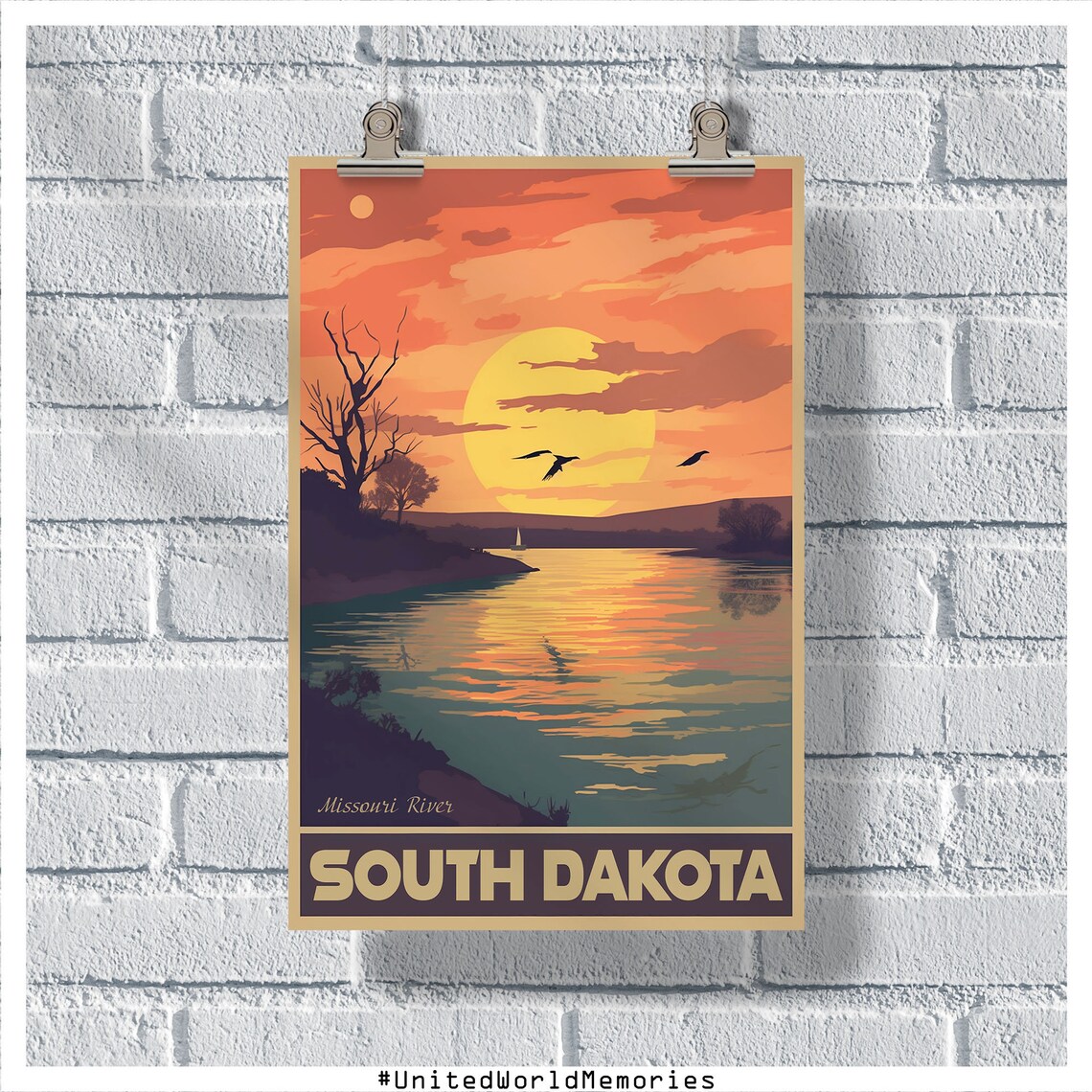 South Dakota Missouri River Sunset Sailboat Retro Travel Poster Art