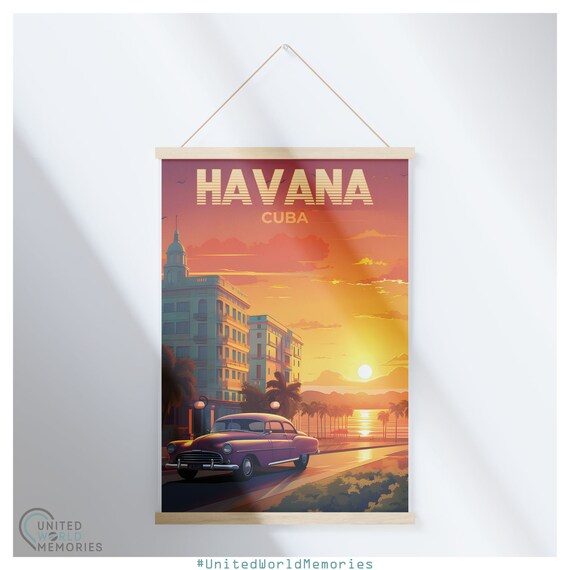 Havana Cuba Vintage Travel Poster Classic Car Malecon Sunset Art