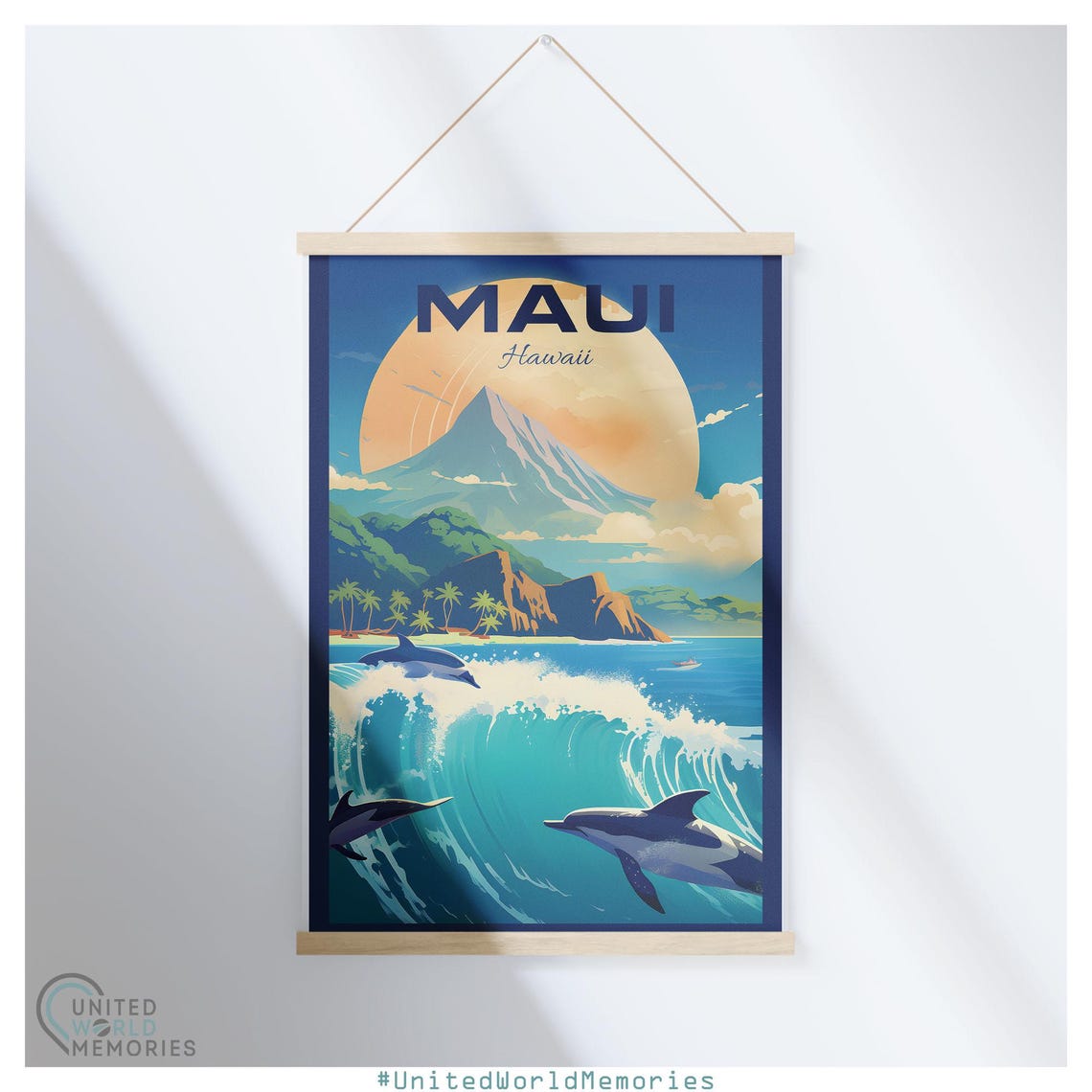Maui Hawaii Dolphins Leaping Wave Volcano Sunset Retro Travel Poster - Image 5