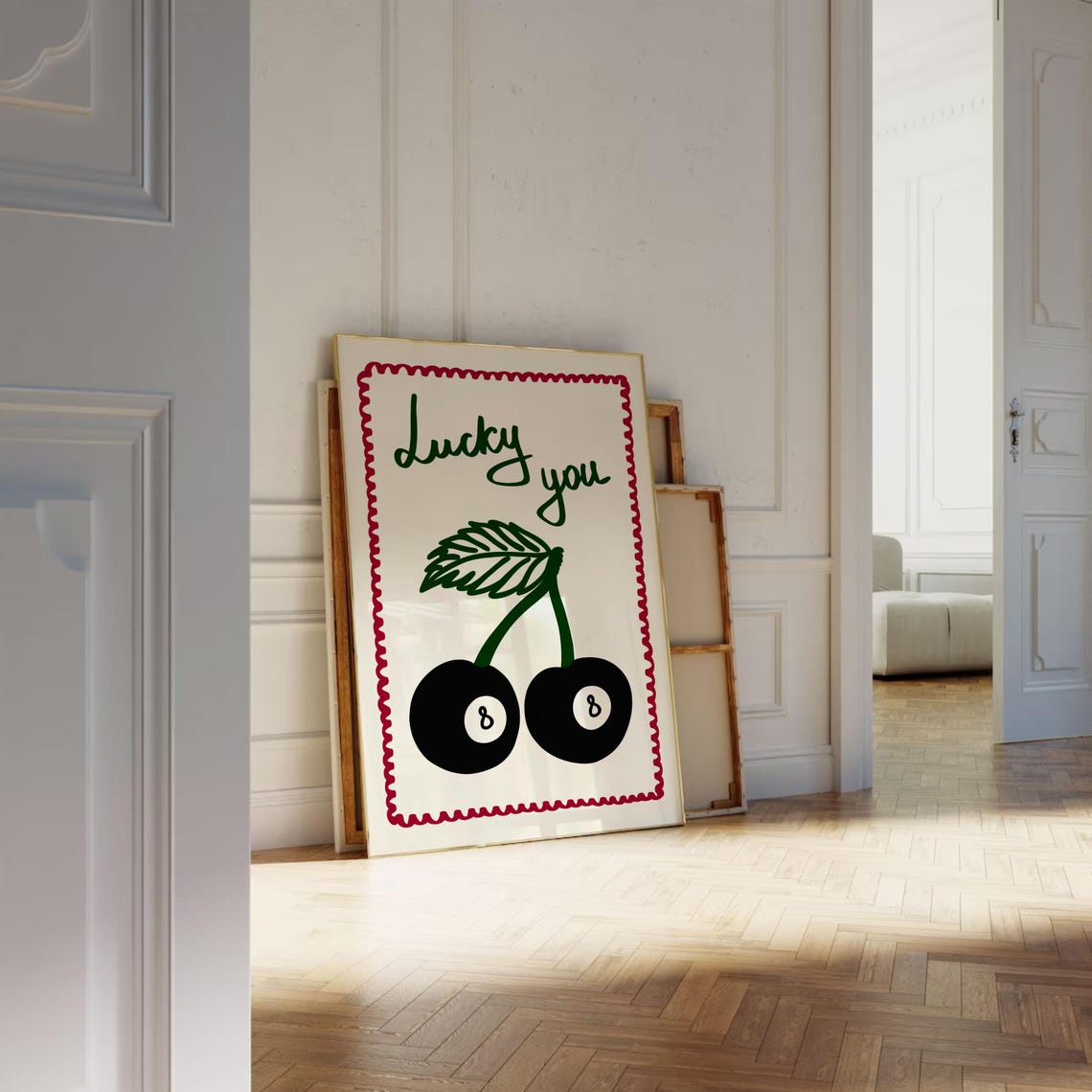 Lucky You Cherry 8 Ball Retro Scalloped Border Playful Poster - Image 3