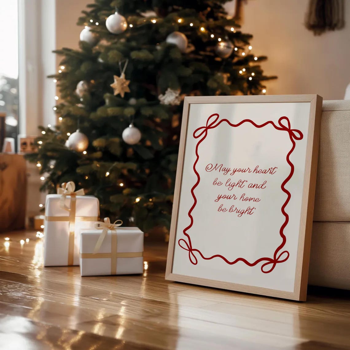 May Your Heart Be Light Red Ribbon Bow Border Frame Quote Poster - Image 3