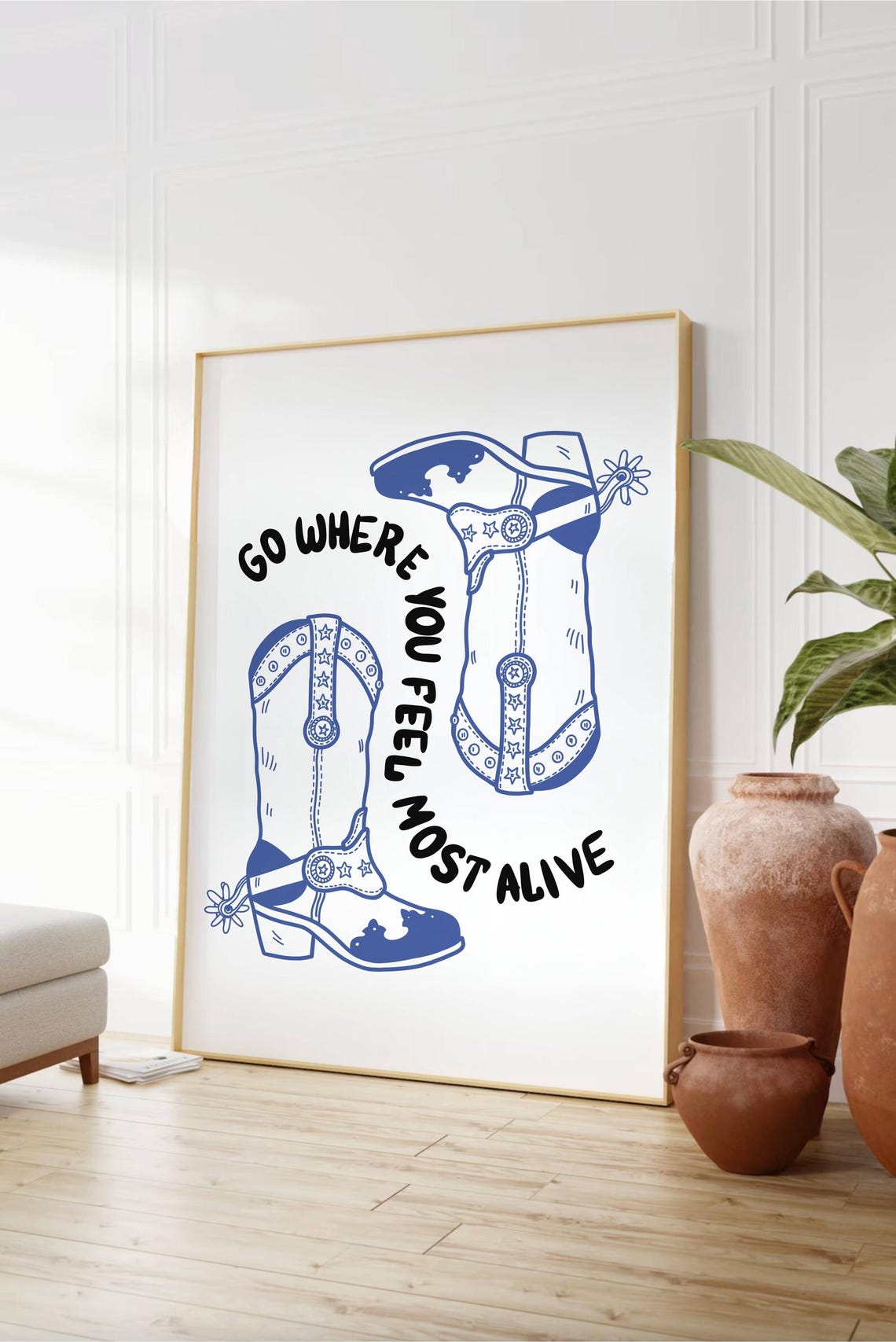 Cowgirl Boots Print Coastal Cowgirl Wall Art Girly Western Print Dorm Aesthetic Trendy Quote Blue Preppy Art Hand Drawn - Image 3