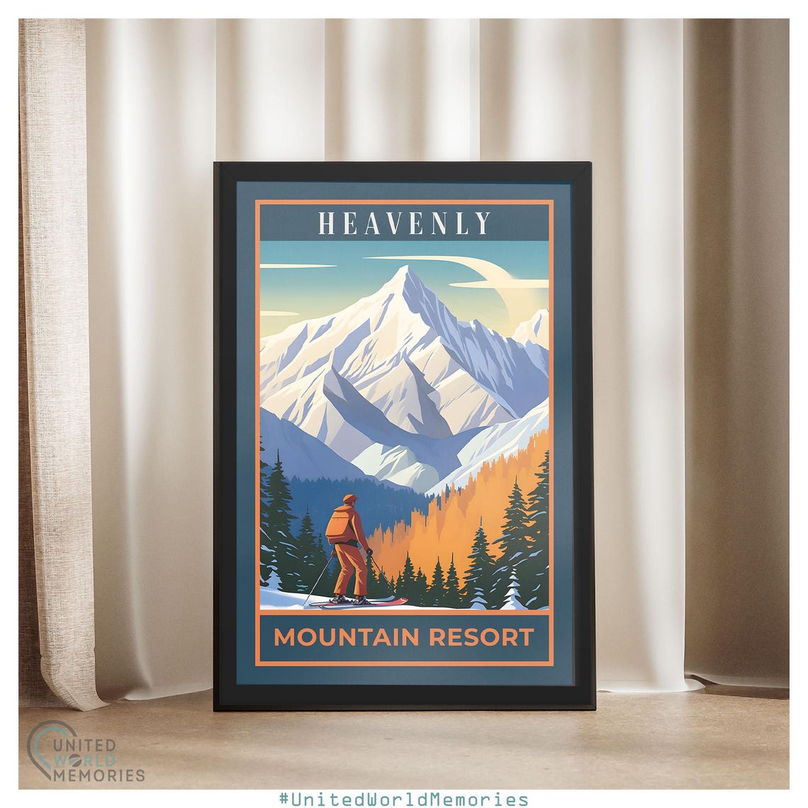 Heavenly Mountain Resort Skier Snowy Peak Alpine Orange Travel Poster - Image 4