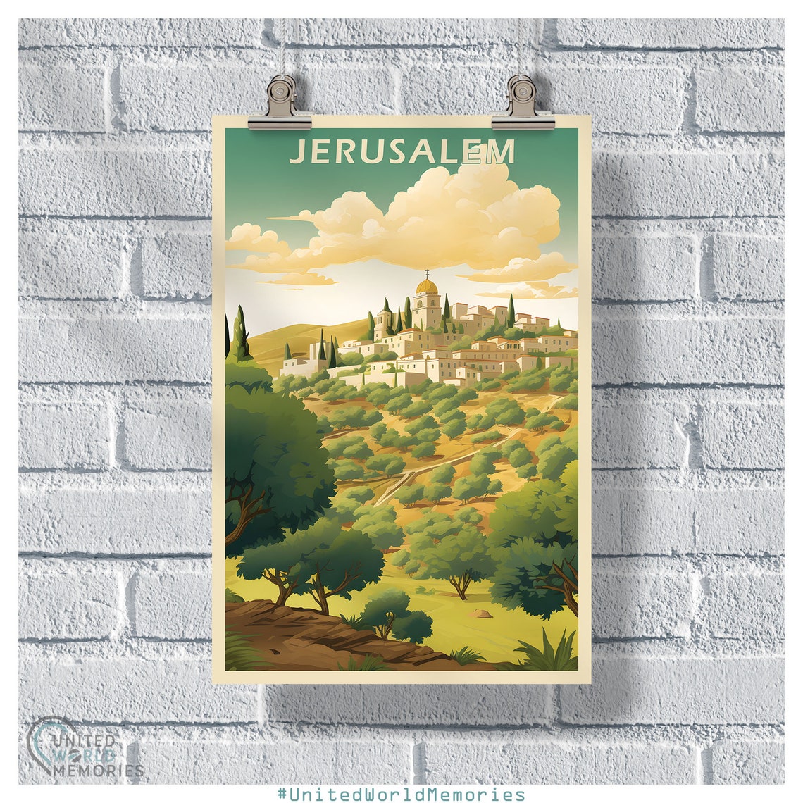 Jerusalem Olive Grove Hillside Golden Dome Vintage Travel Poster
