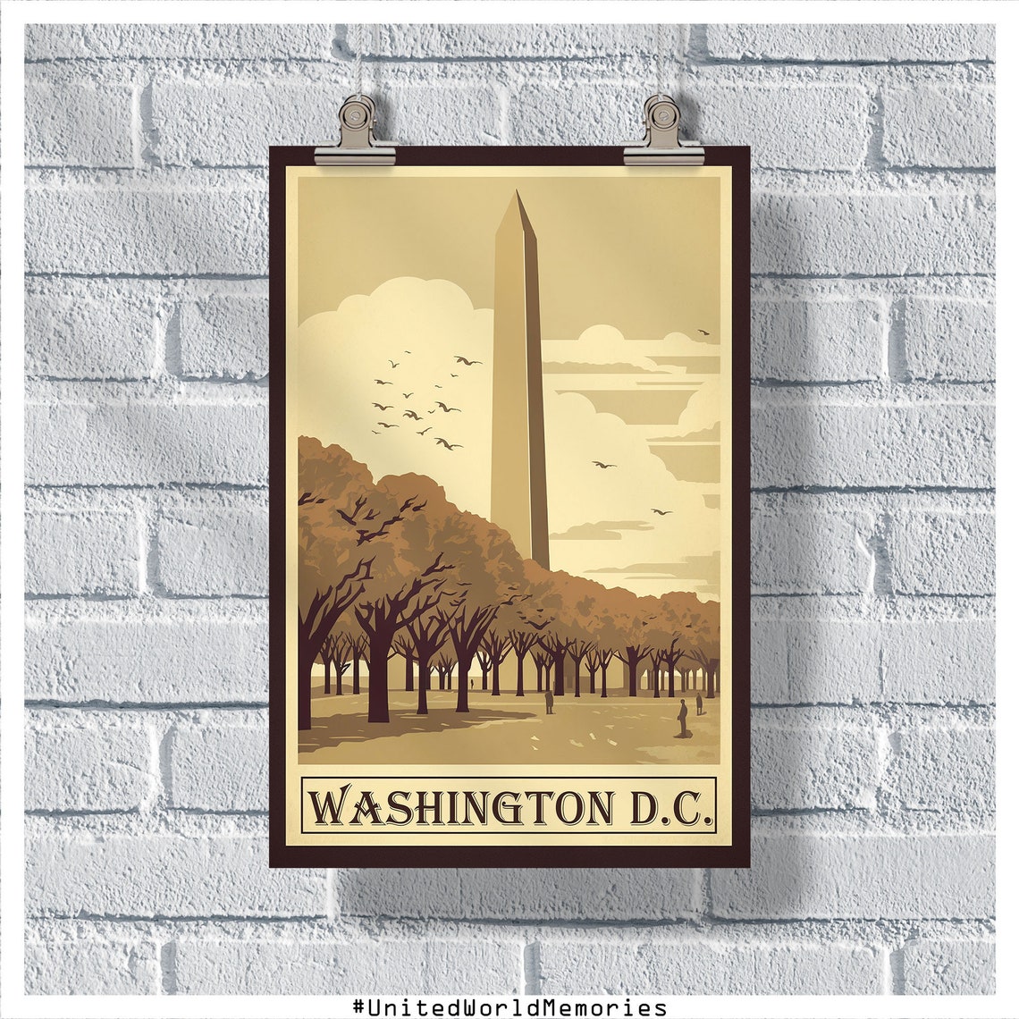 Washington DC Monument Tree Lined Mall Sepia Vintage Travel Poster