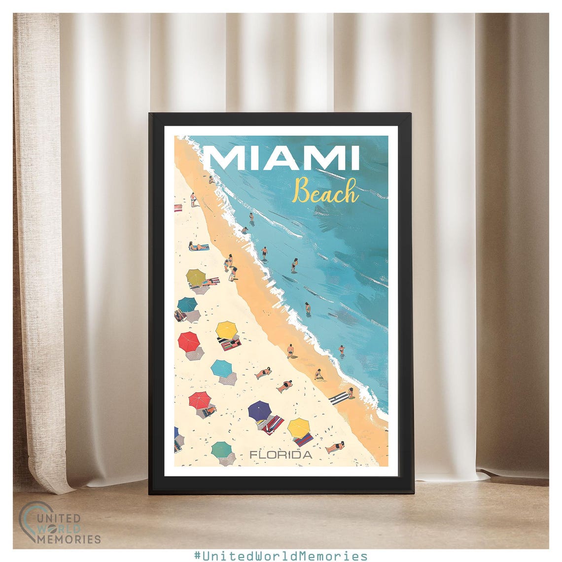Miami Beach Florida Aerial Umbrella Scene Retro Travel Poster - Image 3