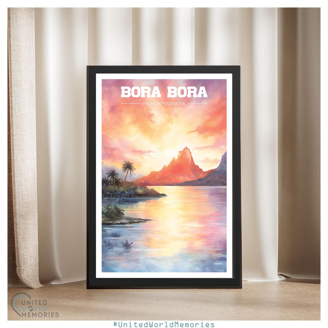 Bora Bora French Polynesia Sunset Lagoon Watercolor Travel Poster - Image 3