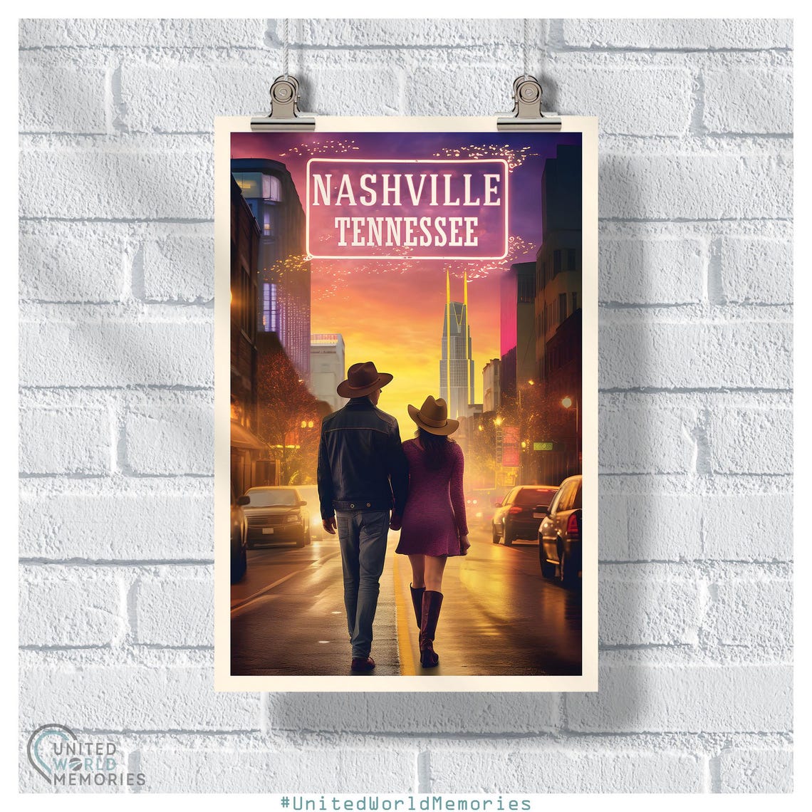 Nashville Tennessee Broadway Golden Neon Sign Sunset Stroll Poster
