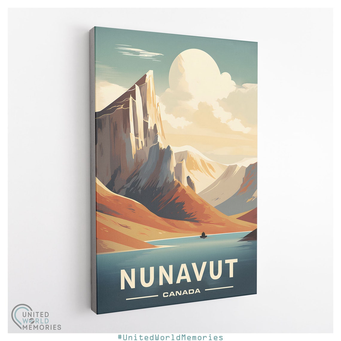 Nunavut Canada Arctic Mountain Lake Sunset Lone Boat Travel Poster - Image 3