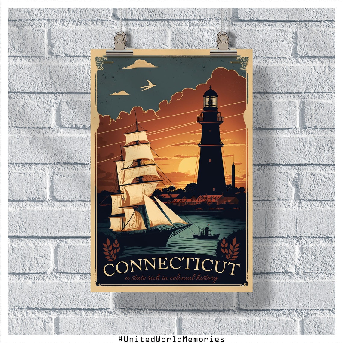 Connecticut Colonial History Tall Ship Lighthouse Sunset Poster