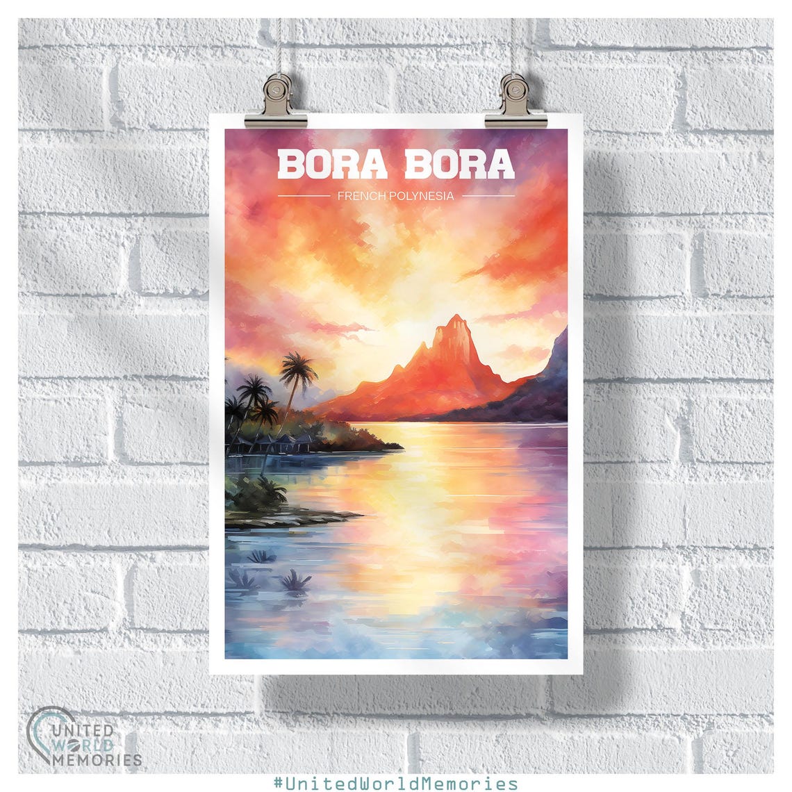 Bora Bora French Polynesia Sunset Lagoon Watercolor Travel Poster - Image 5
