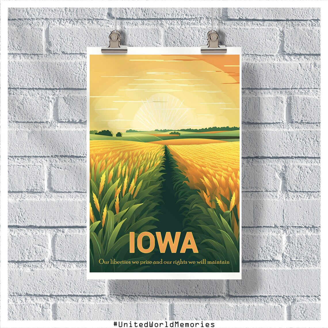 Iowa Cornfield Sunset Golden Harvest Retro Vintage Travel Poster