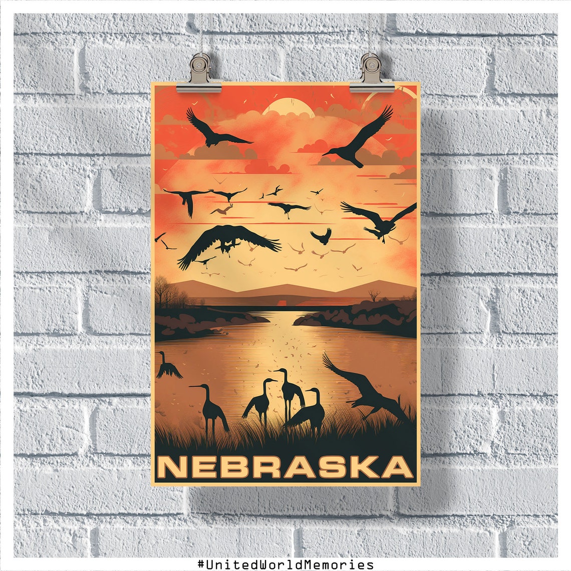 Nebraska Sandhill Cranes Sunset River Silhouette Travel Poster Art