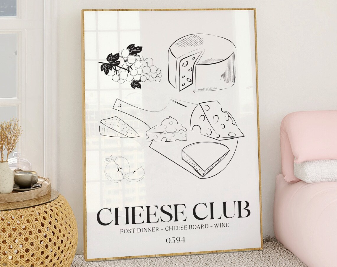 Cheese Club Retro Line Art Wine Cheese Board Kitchen Decor Poster