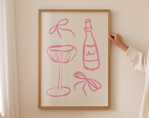 Bar Wall Art Print Coquette Bow Trendy Cart Drinks Poster Cute Kitchen Decor Retro Girly