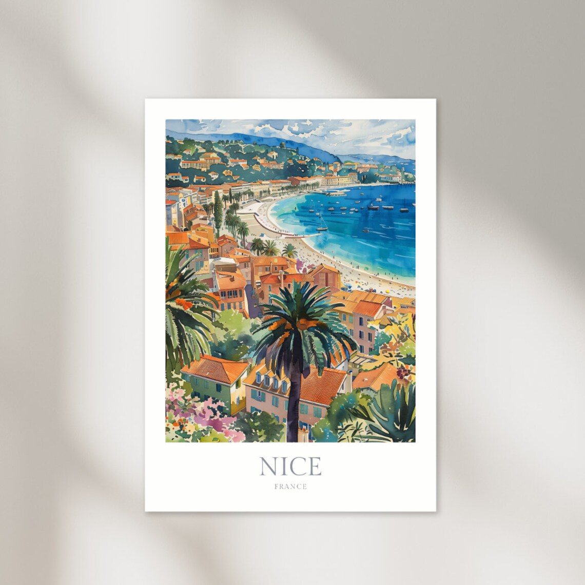 Nice France Riviera Coastline Palm Beach Watercolor Travel Poster