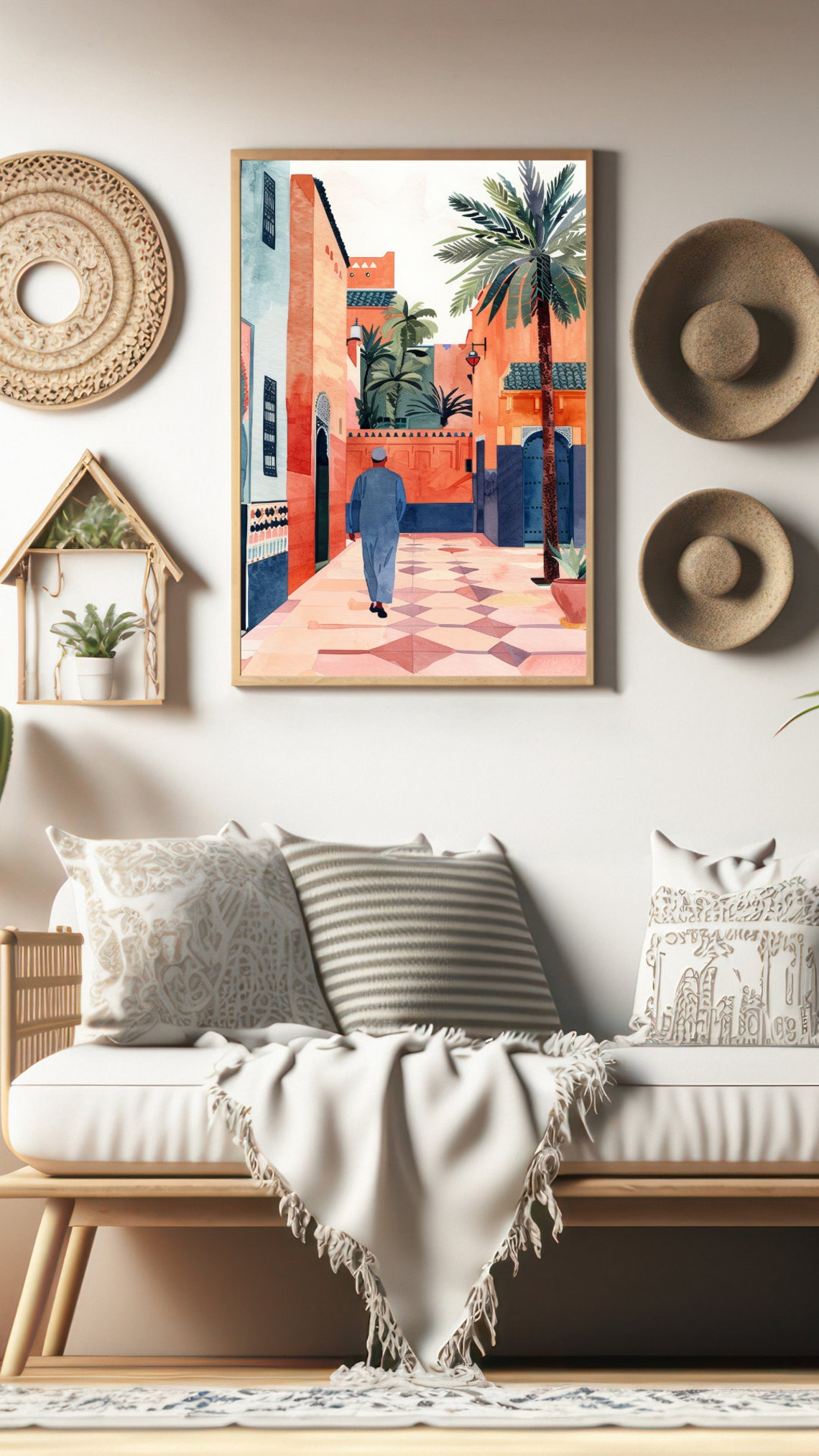 Morocco Terracotta Old Town Street Palm Trees Watercolor Art Print - Image 2