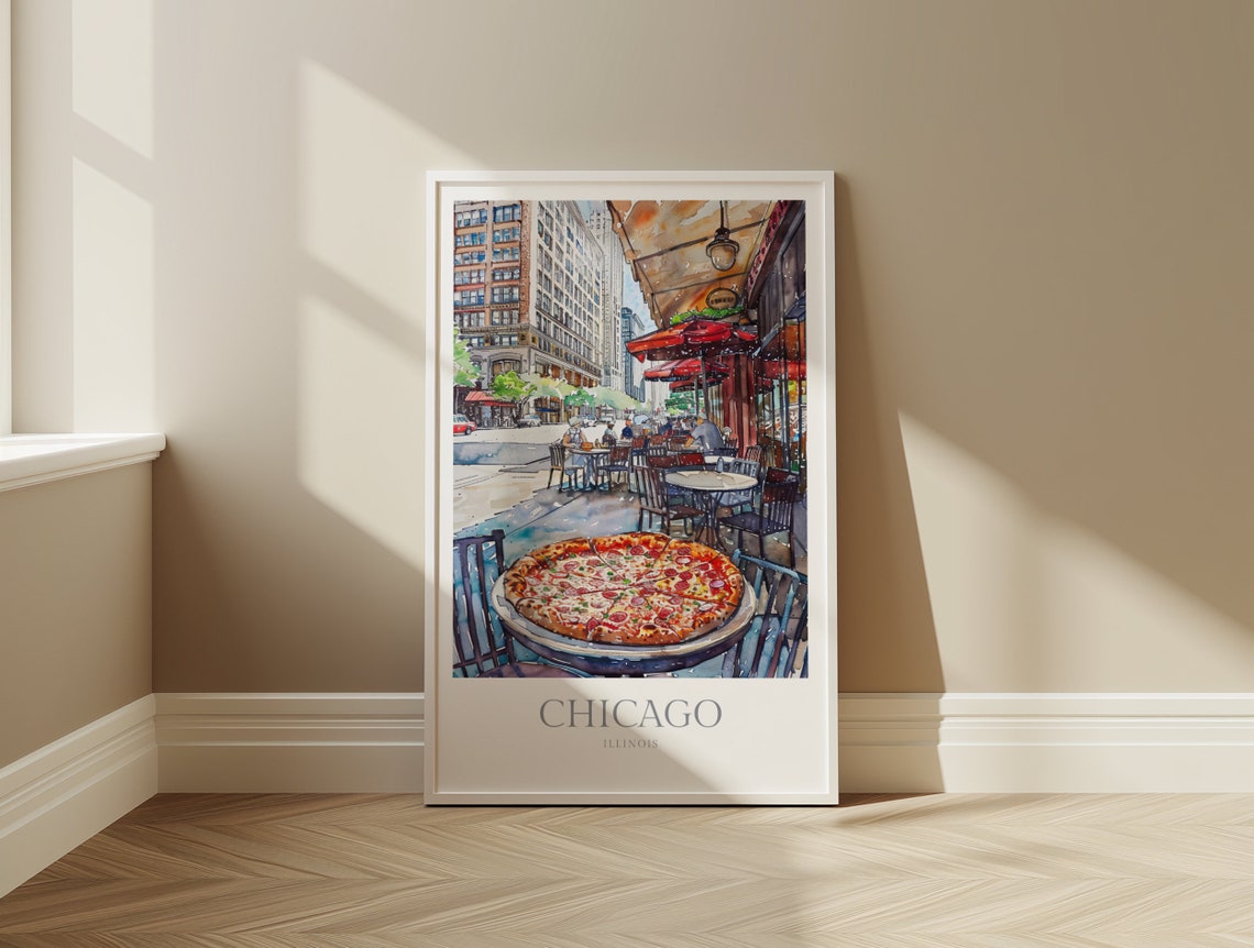 Chicago Deep Dish Pizza Street Cafe Watercolor Illinois Art Poster - Image 2