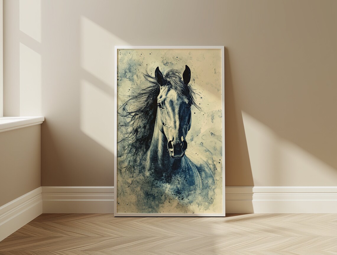 Black Ink Horse Portrait Dramatic Equine Watercolor Art Poster - Image 3