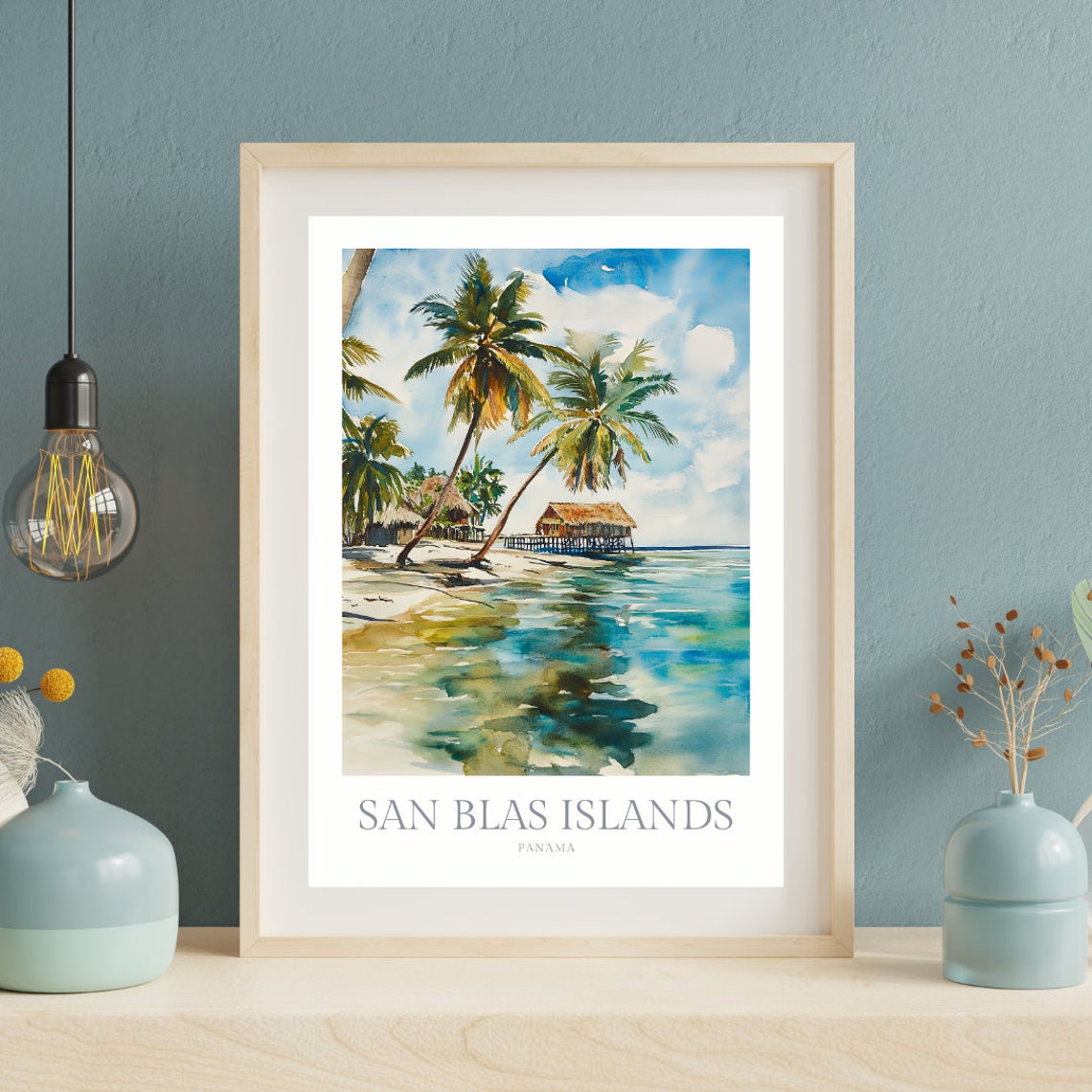 San Blas Islands Palm Hut Caribbean Beach Watercolor Art Poster - Image 2