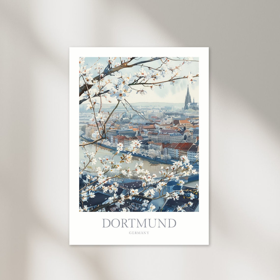 Dortmund Germany Cherry Blossom Cityscape Spring Watercolor Poster