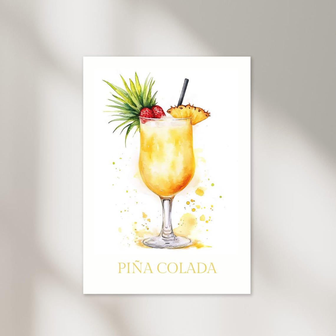 Pina Colada Tropical Watercolor Cocktail Poster Bar Decor Art