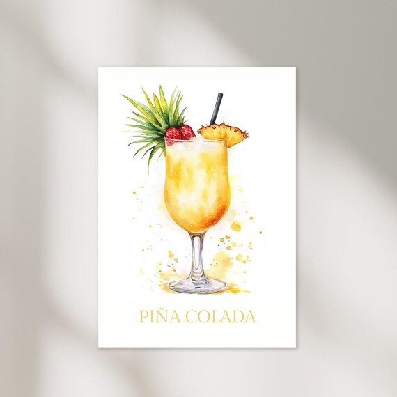 Pina Colada Tropical Watercolor Cocktail Poster Bar Decor Art