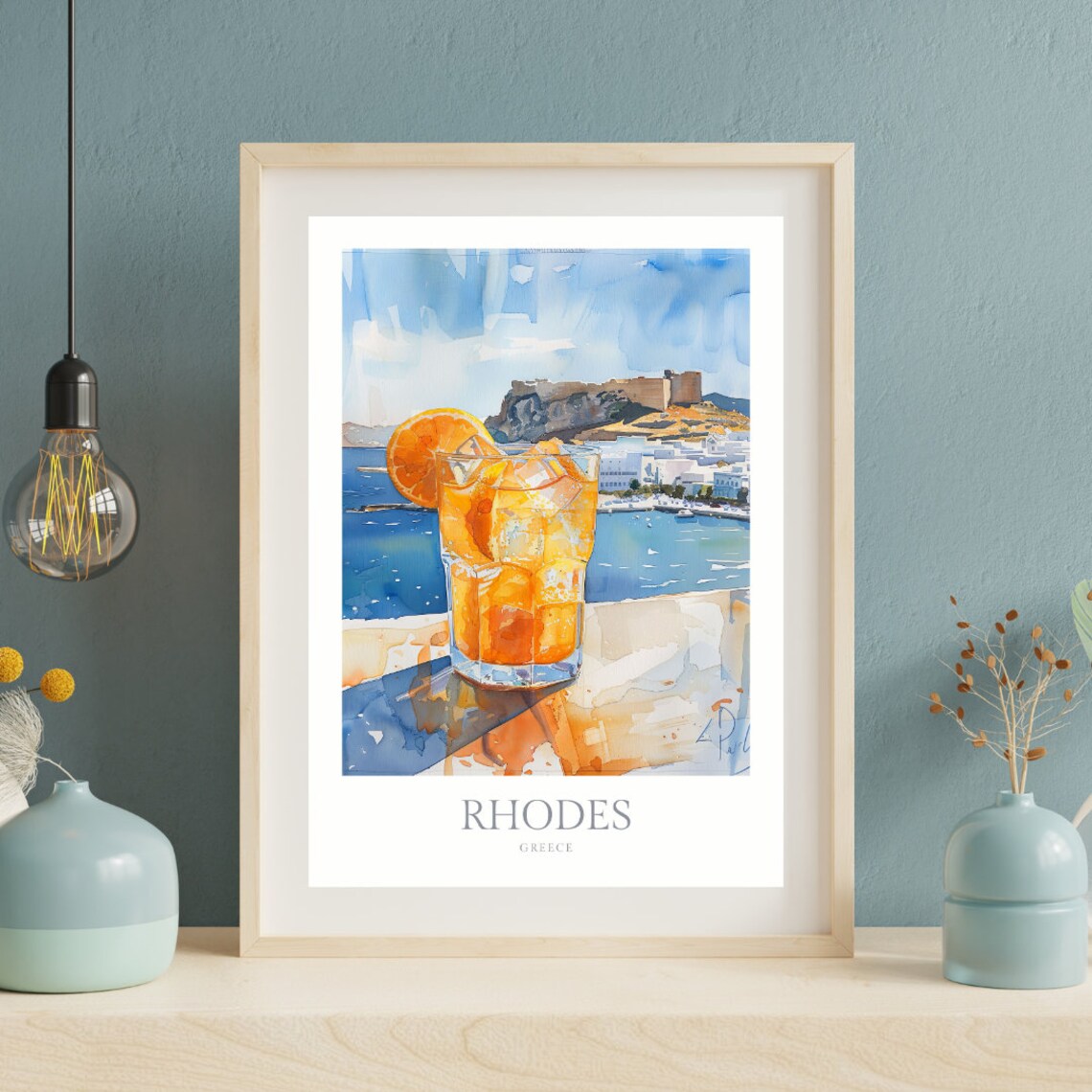 Rhodes Greece Watercolor Cocktail Harbor Travel Poster Artwork - Image 2
