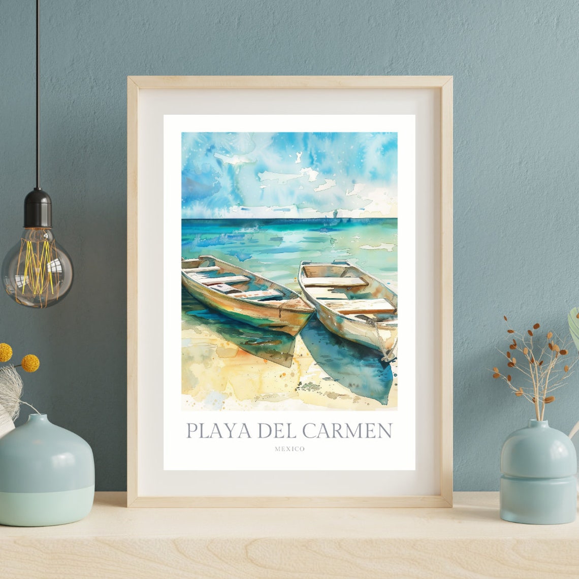 Playa Del Carmen Mexico Wooden Boats Turquoise Sea Artwork Poster - Image 2