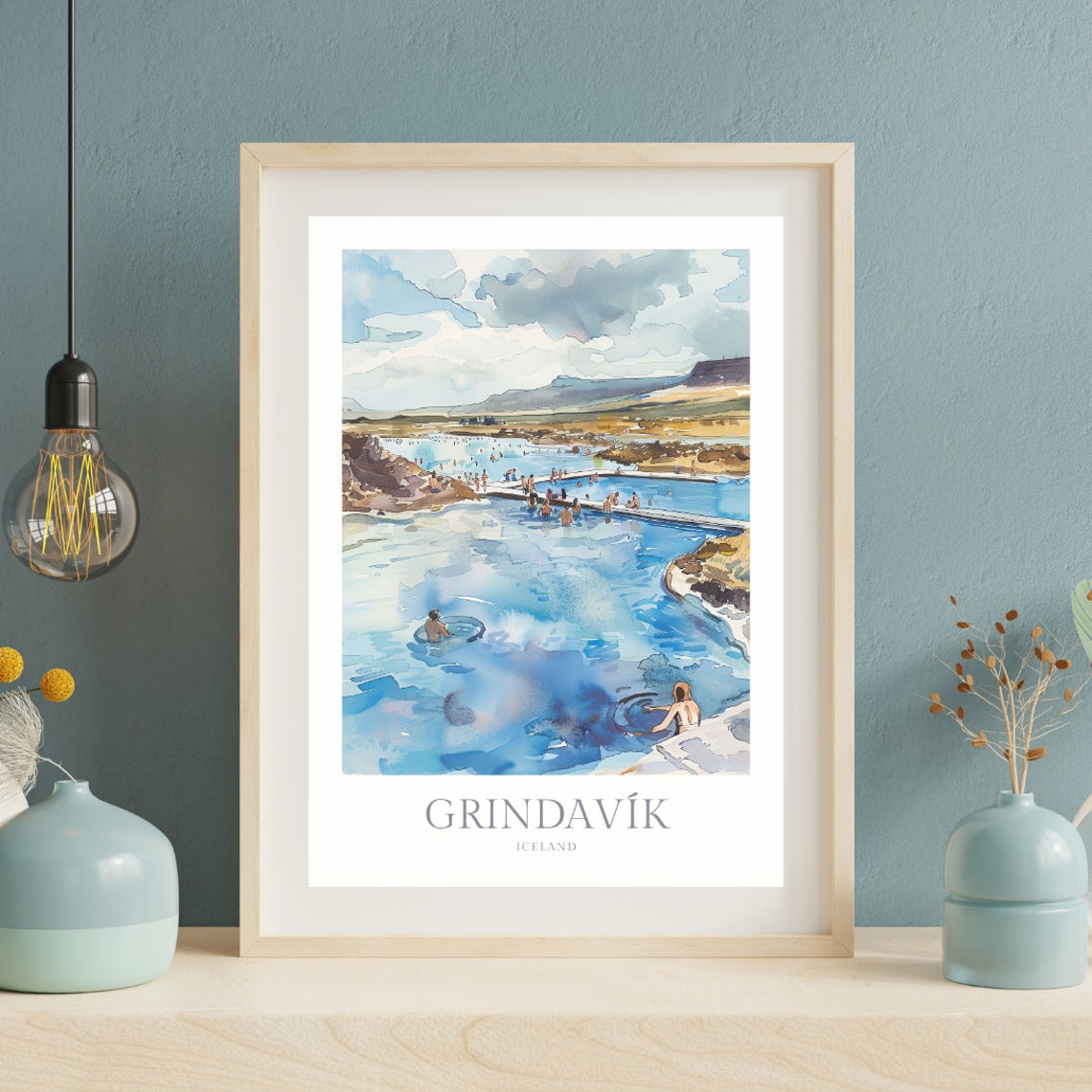 Grindavik Iceland Watercolor Geothermal Lagoon Bathers Travel Poster - Image 2