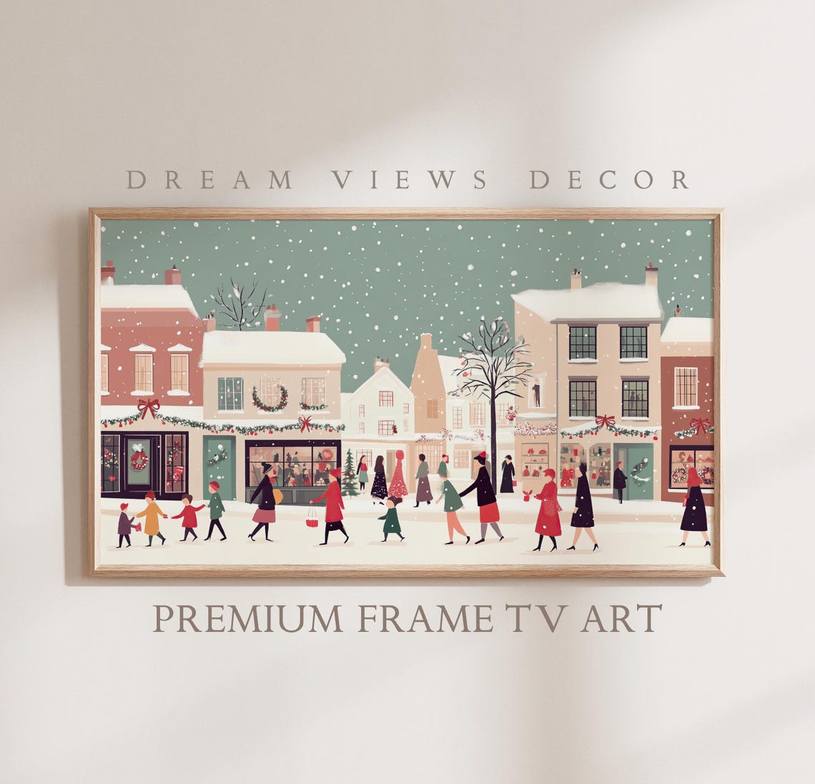 Snowy Christmas Shopping Street Illustration Teal Sky Frame TV Poster