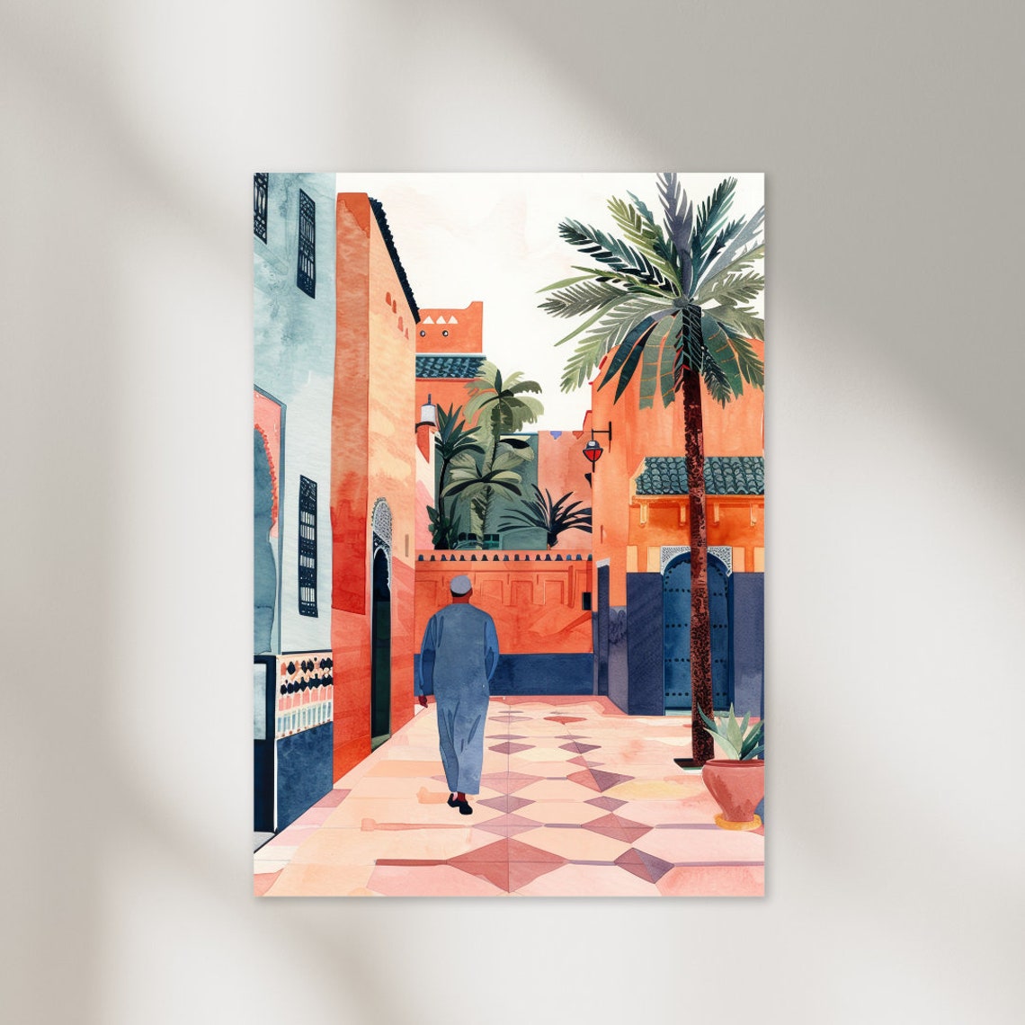 Morocco Terracotta Old Town Street Palm Trees Watercolor Art Print