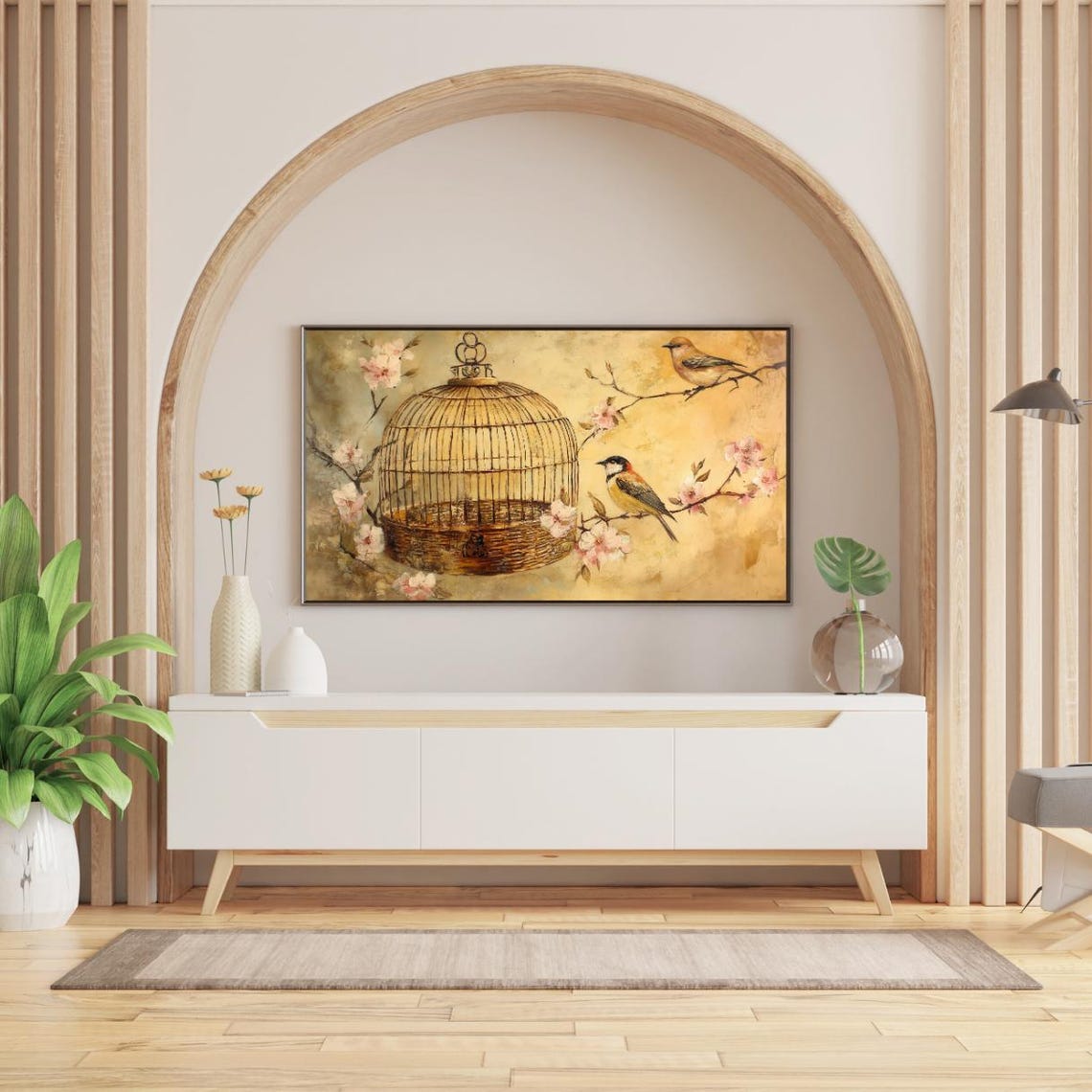 Vintage Birdcage Blossom Branch Birds Antique Spring Painting Wall Art - Image 2