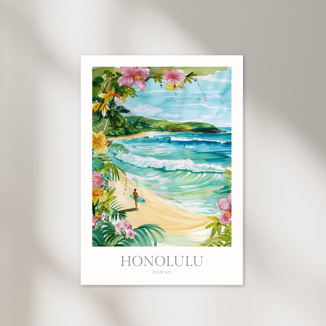Honolulu Hawaii Surf Beach Tropical Flowers Watercolor Poster