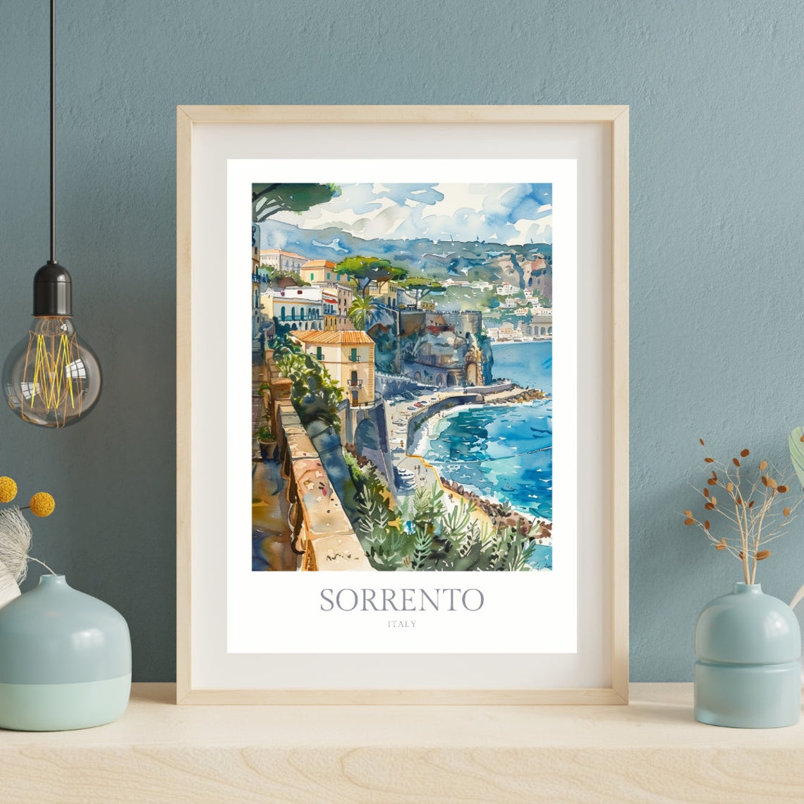 Sorrento Italy Blue Sea Coastal Cliffs Watercolor Travel Art Poster - Image 2