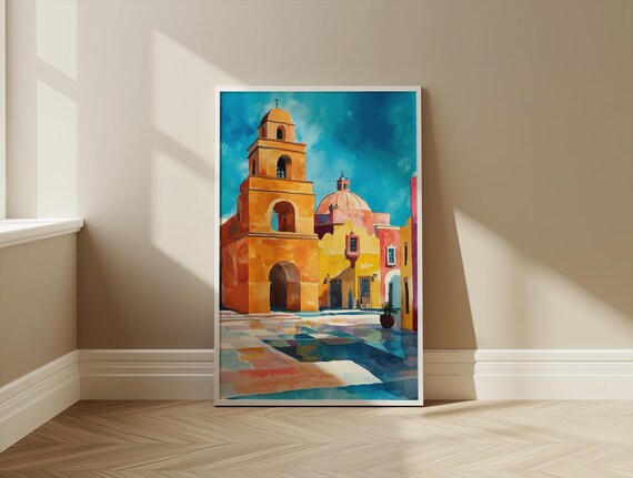 Mexico Colonial Church Plaza Colorful Watercolor Painting Wall Art