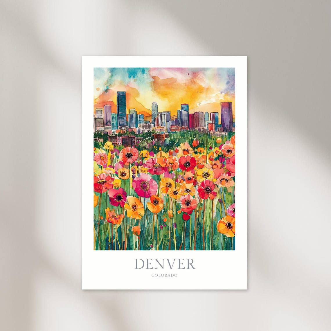 Denver Colorado Watercolor Skyline Wildflowers Sunset Travel Poster