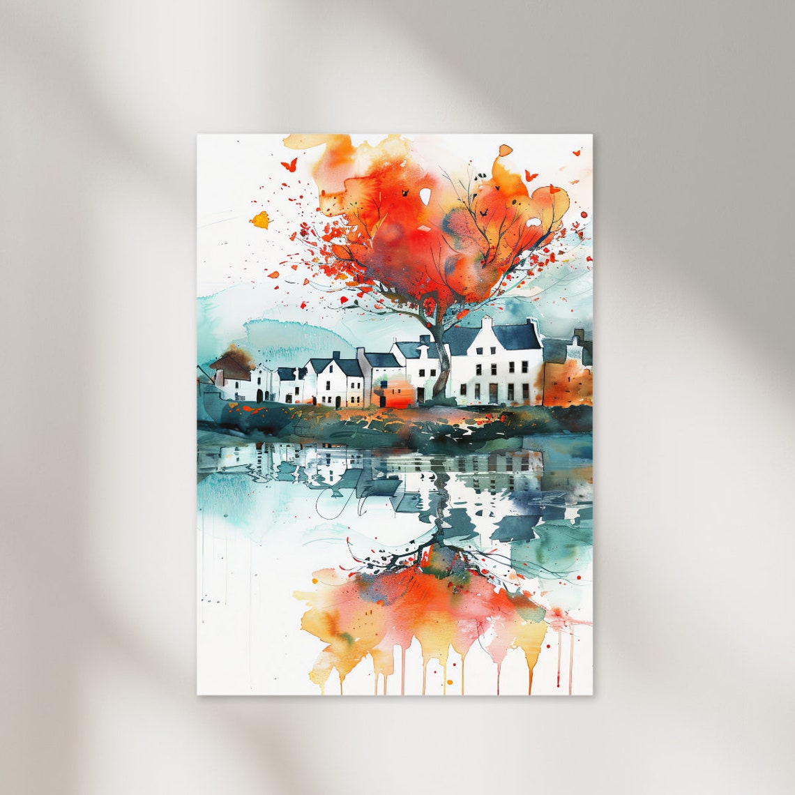 Galway Ireland Waterfront Houses Autumn Tree Watercolor Art Print