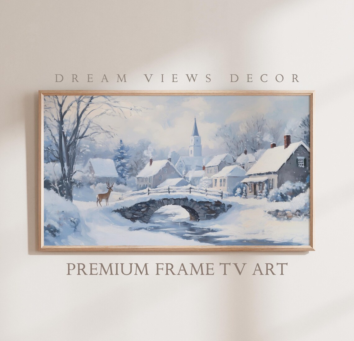 Winter Village Deer Stone Bridge Church Snowy Landscape Art Poster
