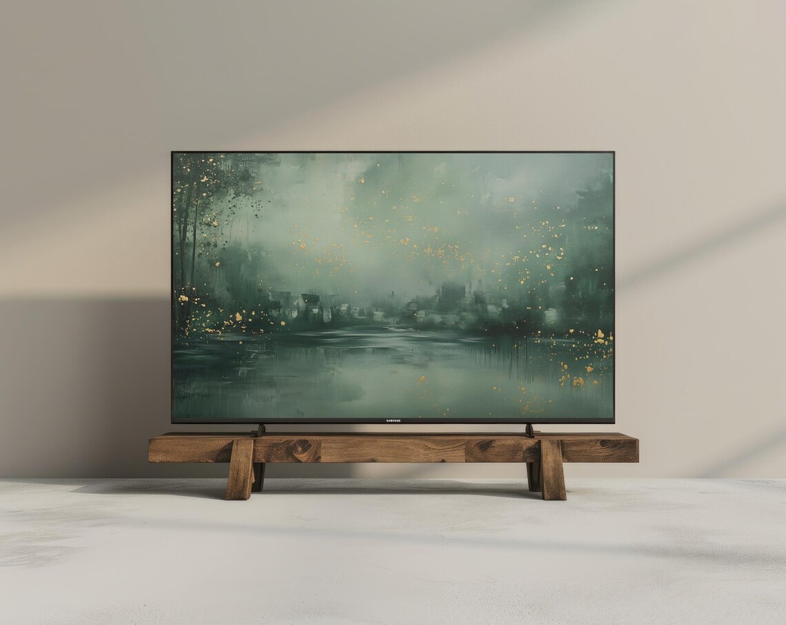 Moody Emerald Village Abstract Gold Fleck Modern Oil Painting Wall Art - Image 3