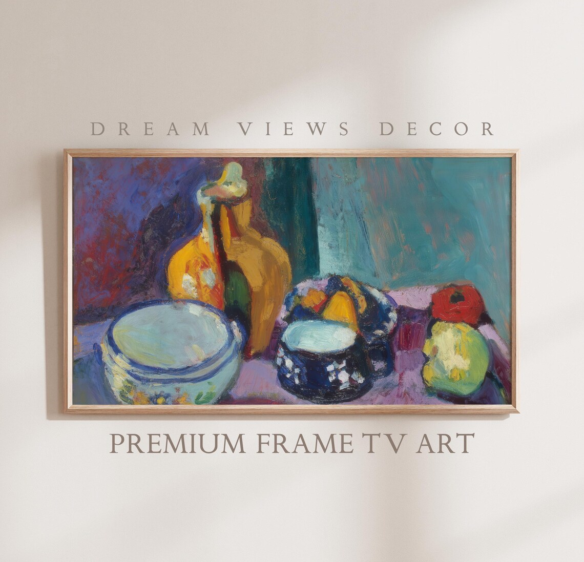 Colorful Fauvist Still Life Bottle Fruit Bowls Modern Painting Print