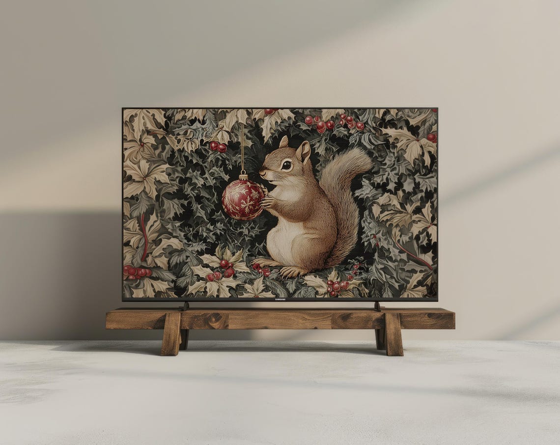 Squirrel Christmas Ornament Vintage Tapestry Frame TV Art Print - Image 2