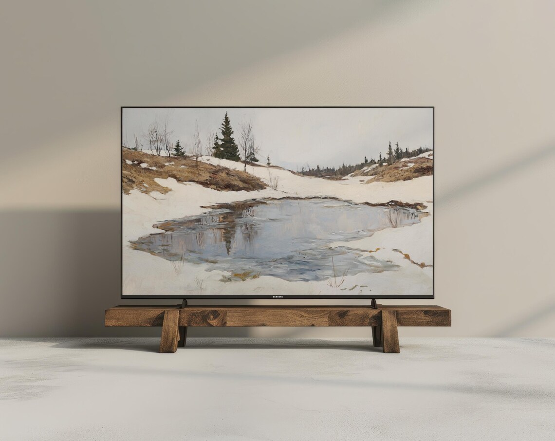 Winter Lake Snowy Banks Quiet Landscape Vintage Oil Painting Poster - Image 3