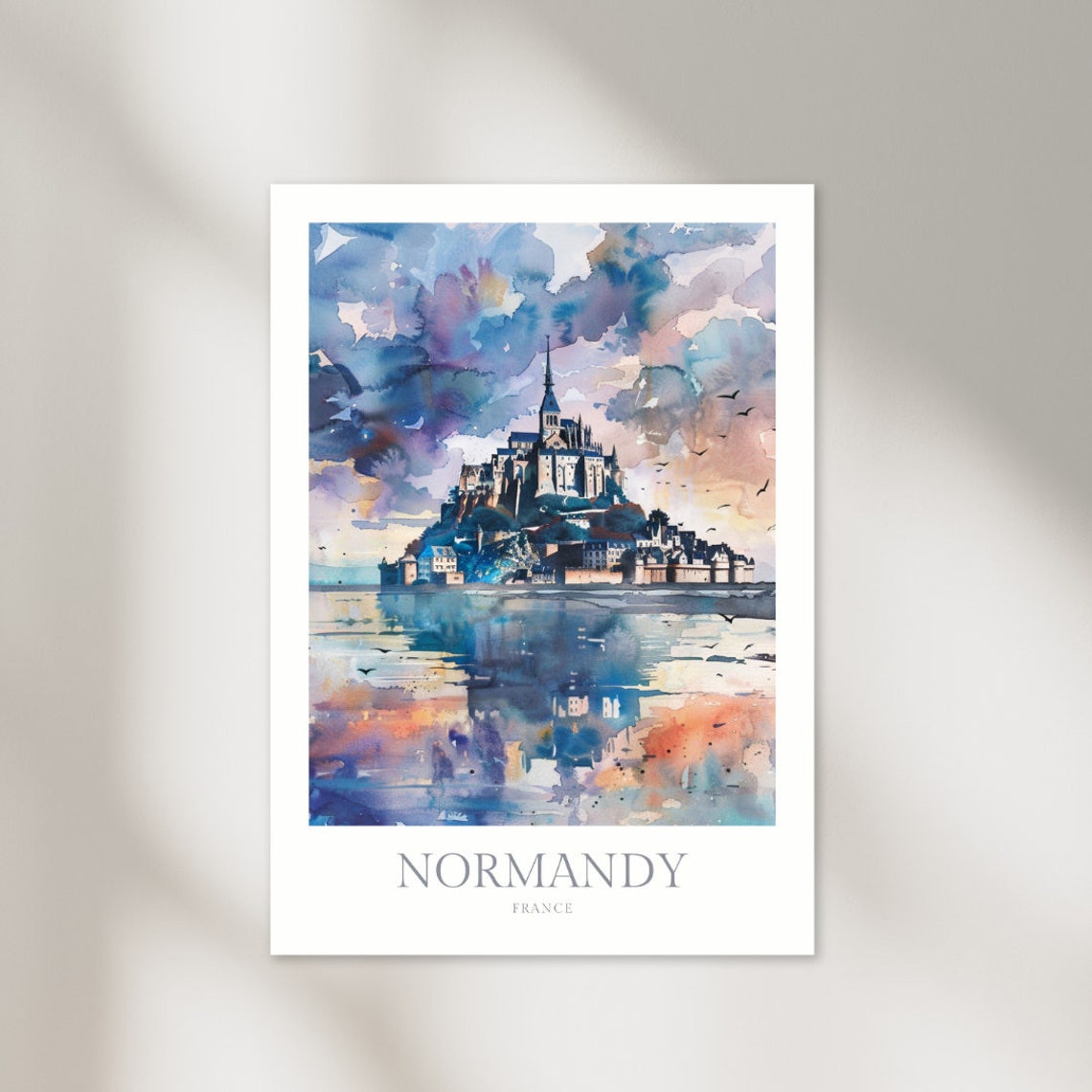 Normandy France Mont Saint-Michel Watercolor Landmark Poster